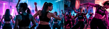 Personas bailando bajo luces fucsia y turquesa